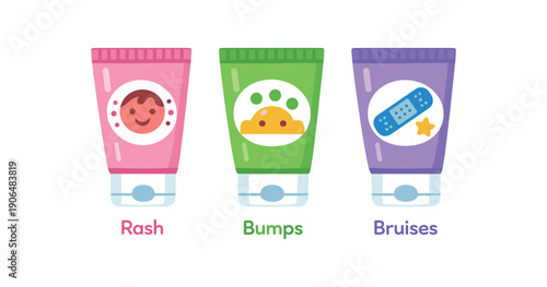 pediatric ointment tubes row for rash bumps bruises each with simple symbol for kids clean shapes. colored flat icon vector illustration