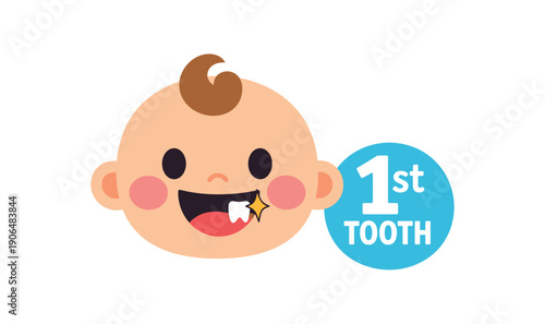 baby first tooth icon smiling baby face with tiny tooth sparkle milestone symbol clean shapes. colored flat icon vector illustration