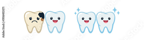 tooth with cavity spot next to clean shiny tooth before and after kids hygiene concept clean shapes. colored flat icon vector illustration