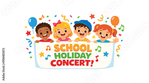 kids holding big banner with festive inscription confetti around school holiday concert clean shapes. colored flat icon vector illustration