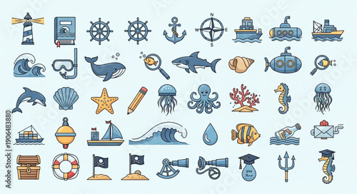 Collection of Nautical and Marine Icons and Symbols.