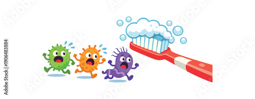 bacteria shapes running away from big toothbrush and foam kids plaque removal idea clean shapes. colored flat icon vector illustration