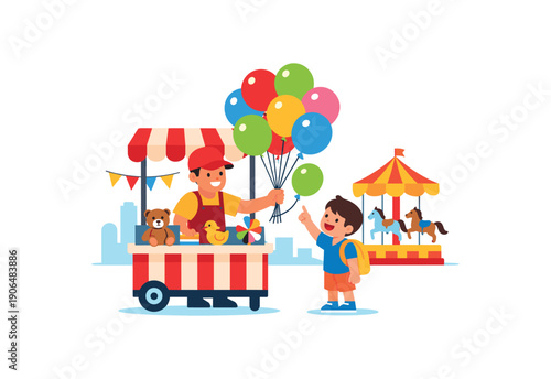 kid choosing colored balloon from seller stand at city holiday fair childrens joy clean shapes. colored flat icon vector illustration
