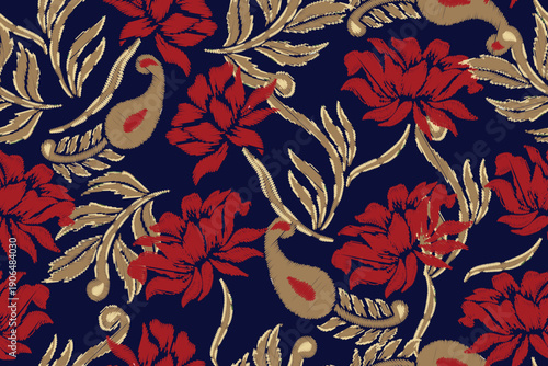 Seamless paisley embroidered floral motif pattern in vector, for design, fabric, wrapping, digital motif, background, wallpaper, print, clothing, etc.