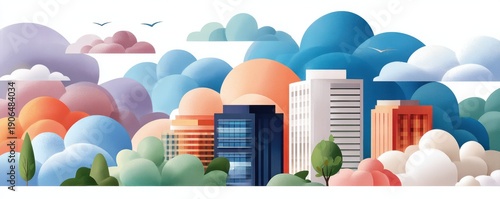 Panel kuchenny z motywem Flat vector illustration of a cloud city skyline with blue sky, waves, and modern buildings