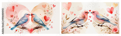 Romantic Watercolor Love Birds with Hearts and Floral Elements, Valentine’s Day Illustration for Wedding Invitations, Greeting Cards, Romantic Posters, Social Media Design and Love-Themed Decorations.