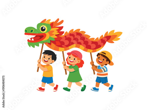 children carrying big paper dragon or animal figure on sticks parade style festive play clean shapes. colored flat icon vector illustration