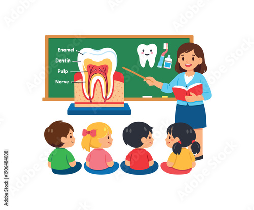 school dental lesson board teacher pointing to giant tooth model and kids watching clean shapes. colored flat icon vector illustration