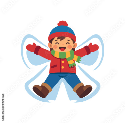 kid warm clothes making angel imprint snow during winter break holidays clean shapes. colored flat icon vector illustration