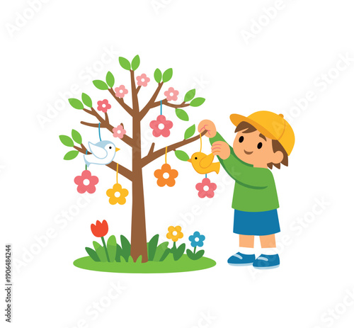 child hanging small paper birds and flowers on spring holiday tree kids seasonal ritual clean shapes. colored flat icon vector illustration