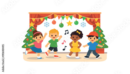 group of kids practicing simple dance moves decorated hall before holiday performance clean shapes. colored flat icon vector illustration