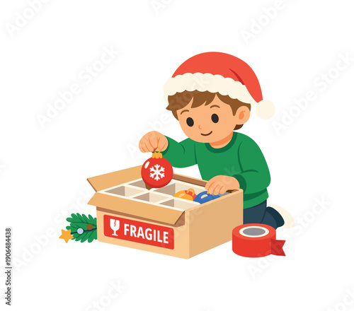 kid carefully placing fragile ornament into storage box after holiday taking part closing ritual clean shapes. colored flat icon vector illustration