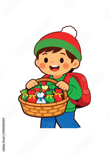 child carrying basket of small wrapped treats to share with classmates school holiday tradition clean shapes. colored flat icon vector illustration