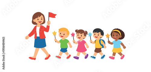 children holding simple shaped wands and marching behind teacher during school celebration clean shapes. colored flat icon vector illustration
