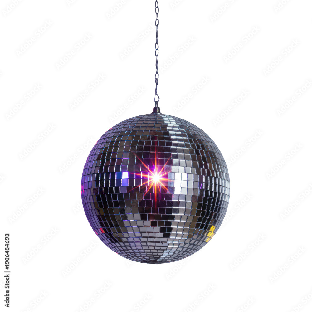 Fototapeta premium photorealistic spherical disco ball with intricate hexagonal chrome mirrors, vibrant purple, pink, blue, yellow light reflections on a transparent studio background, dynamic party atmosphere