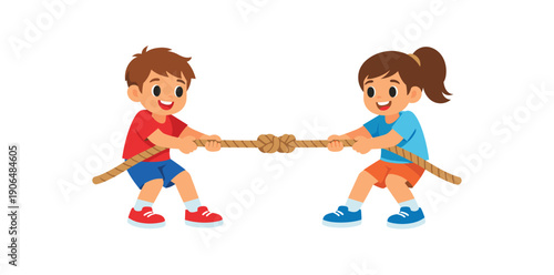 two kids doing tug of war with rope friendly strength game sports class clean shapes. colored flat icon vector illustration