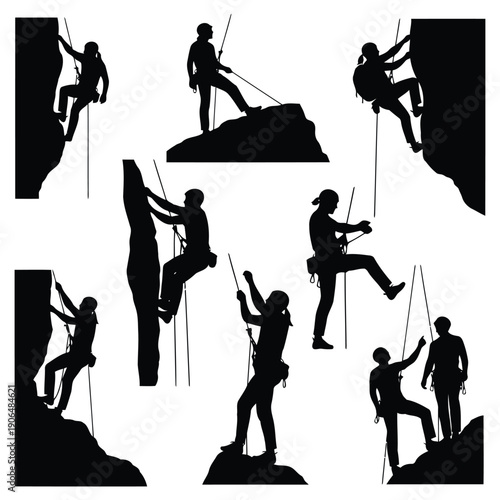 People Climbing Rocks Using Ropes in Various Positions Illustration