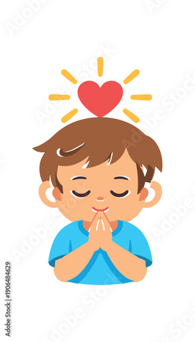 child folding hands prayer small heart and light rays above kids faith moment clean shapes. colored flat icon vector illustration