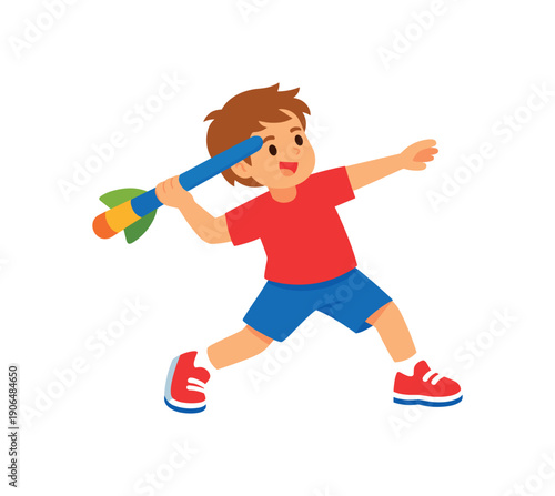 kid throwing soft foam javelin field athletics style game for children clean shapes. colored flat icon vector illustration