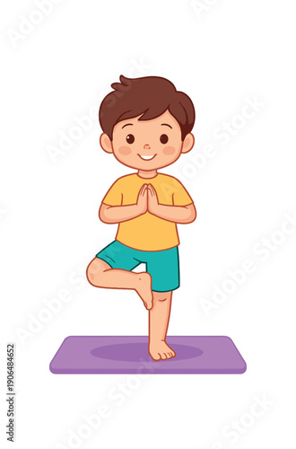 child doing yoga tree pose on small mat kids mindfulness sport activity clean shapes. colored flat icon vector illustration