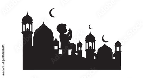 Silhouette of Muslim man praying in front of mosque with crescent moon