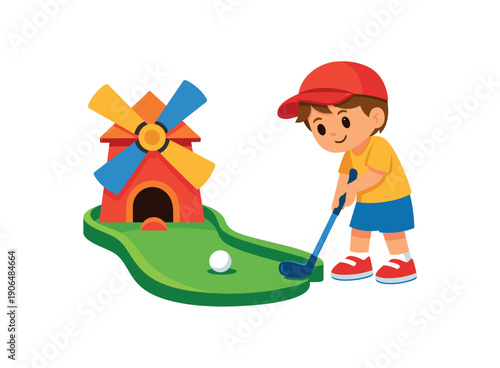 child playing golf hitting ball toward simple windmill obstacle kids fun sport clean shapes. colored flat icon vector illustration