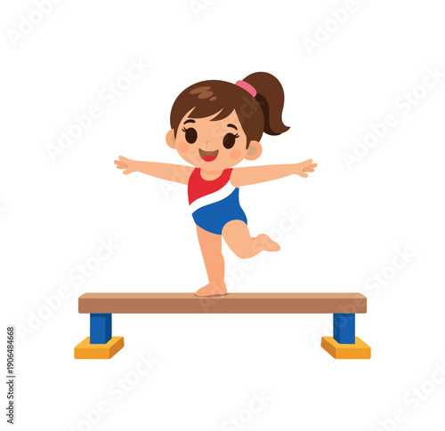 little gymnast on low balance beam arms for balance children artistic gymnastics clean shapes. colored flat icon vector illustration