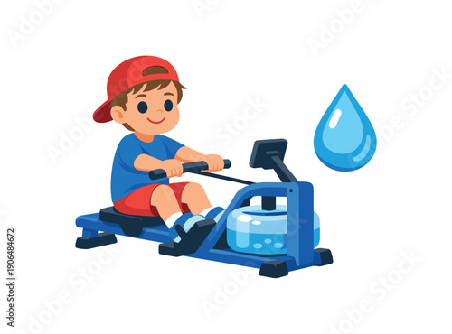 child rowing on indoor rowing machine kid sized with water droplet icon fitness training clean shapes. colored flat icon vector illustration
