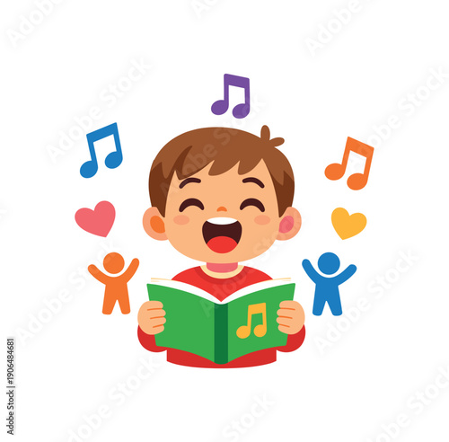 kid singing with small song book and music notes community worship choir for children clean shapes. colored flat icon vector illustration