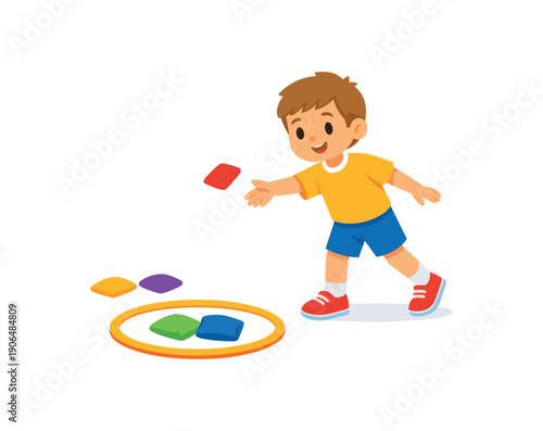 child throwing beanbag into hoop on floor aiming game kids sports class clean shapes. colored flat icon vector illustration