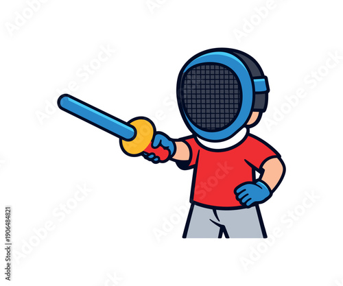 child wearing fencing mask and holding foam sword practicing safe fencing for kids clean shapes. colored flat icon vector illustration