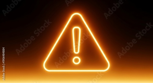 Glowing neon warning sign with exclamation mark on dark background