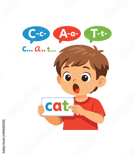 kid sounding simple three letter word on card phonics reading practice clean shapes. colored flat icon vector illustration