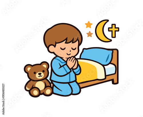 kid kneeling by bed with plush toy beside hands folded moon and tiny cross bedtime prayer clean shapes. colored flat icon vector illustration