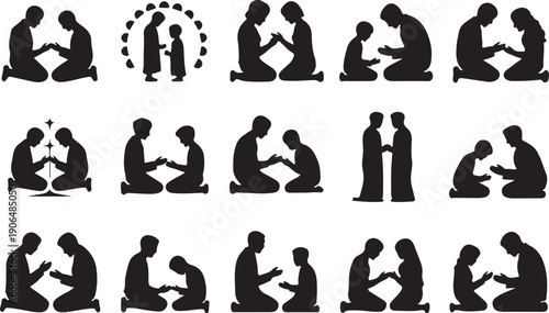 Silhouette Icons of Families Praying Together family father