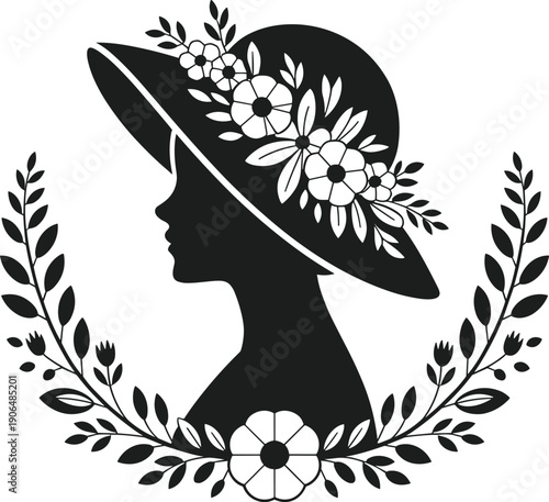 Black silhouette of a woman wearing a floral Easter bonnet framed by branches with leaves and flowers