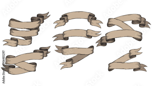 Collection of decorative brown ribbons and banners in sketched style