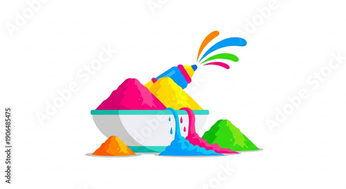 Colorful powder spilling from whisk over vibrant piles on white background creating a dynamic baking scene