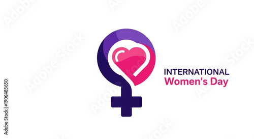 International women's day logo with purple and pink heart symbol on white background
