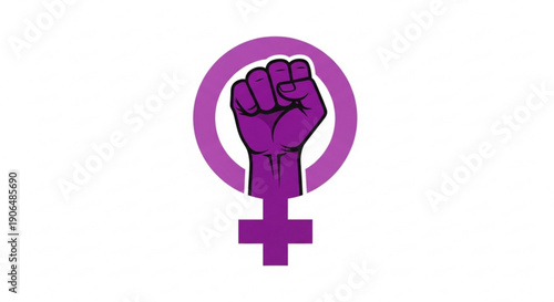 Purple female symbol with raised fist in solidarity and empowerment representing feminism and equality on a white background
