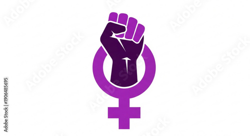 Raised fist combined with female symbol representing feminism and women's empowerment in purple on white background