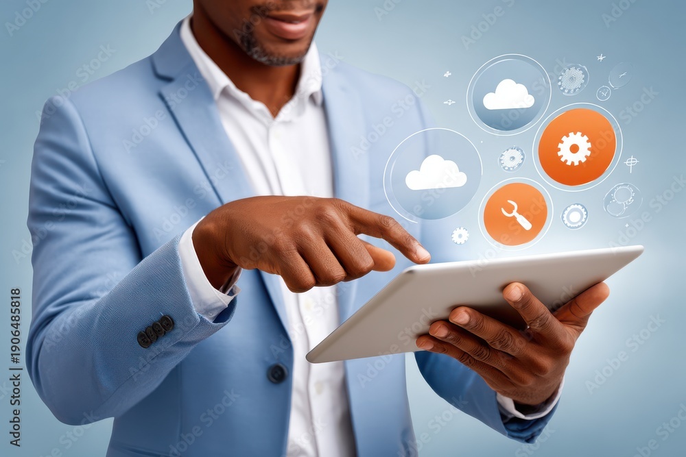 Naklejka premium Professional doctor using a tablet with cloud and technology icons for digital healthcare solutions