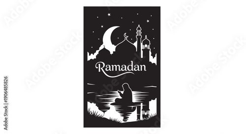 Serene Ramadan Night Scene with Crescent Moon and Silhouette of Person Praying by Water