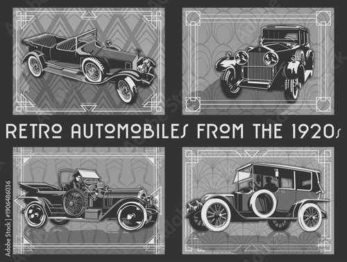 Automobiles from the 1920s Poster Set, Retro Cars Vector Illustrations, 20s Sepia Colors Old Vehicles, Art Deco Frames