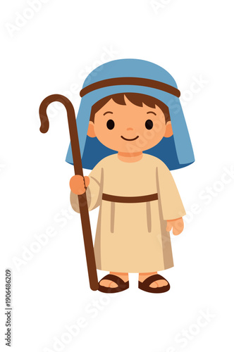 child wearing simple robe and holding shepherd staff children christmas play nativity role clean shapes. colored flat icon vector illustration