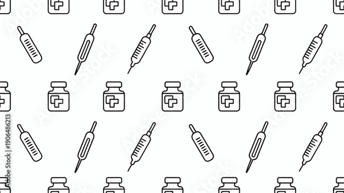 Medical Seamless Pattern with Outline Icons of Thermometers, Syringes, and Medicine Vials on White Background for Healthcare Themes