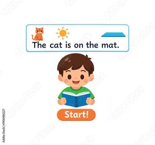 child reading short sentence with simple illustrations comprehension start clean shapes. colored flat icon vector illustration