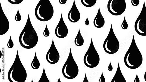 Seamless Pattern of Glossy Black Oil or Water Droplets Falling on White Background, Representing Liquid, Pollution, or Abstract Fluid Motion