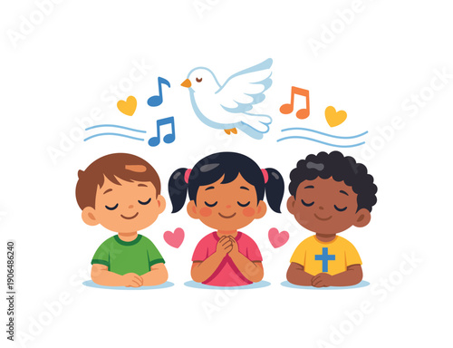 children listening to gentle music with dove and note calming worship for kids group clean shapes. colored flat icon vector illustration