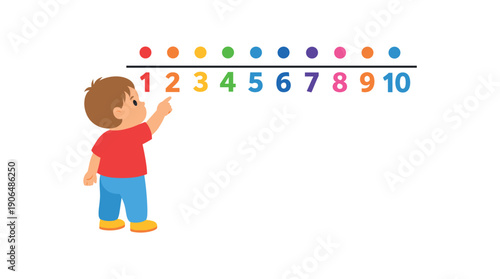 toddler pointing at big number line on counting from one to ten bright dots above each number clean shapes. colored flat icon vector illustration